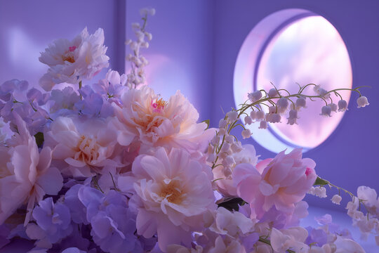 A close-up of a bouquet of delicate pink and white peonies with lily of the valley, illuminated by a soft, round, purple light