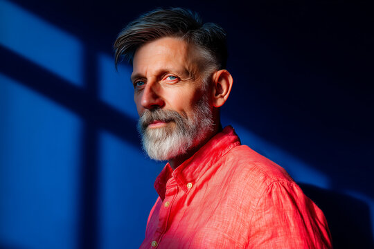 A thoughtful man with grey beard and hair, wearing a pink shirt, with blue shadow on his face, portrait, headshot