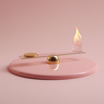 A balance scale with a lit candle on one side and a gold coin on the other, a concept representing the trade-off between different values