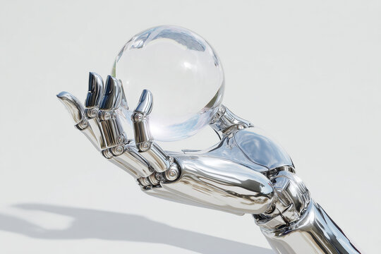 A robotic hand holding a glass sphere, symbol of future technology and innovation