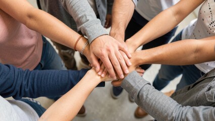 Naklejka premium Close up top view of young people putting their hands together. Friends with stack of hands showing unity and teamwork.