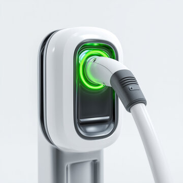 Electric vehicle charging station with a green glowing indicator light, modern design