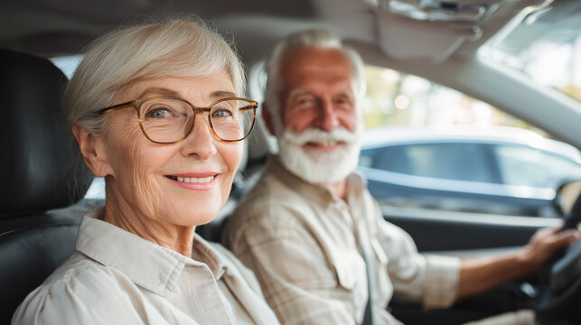 An elderly couple with glasses smiling and driving a car on a sunny day, adventure in retirement