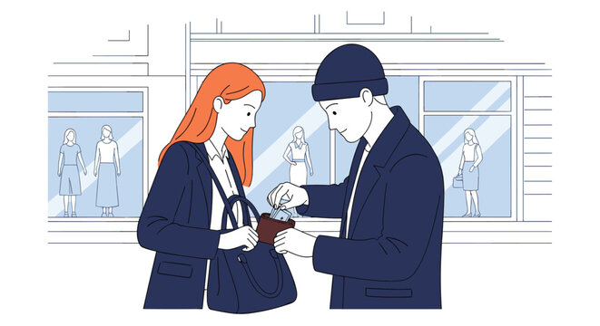 Criminal man wearing a beanie surreptitiously stealing a brown wallet from a woman's handbag in a public shopping area.