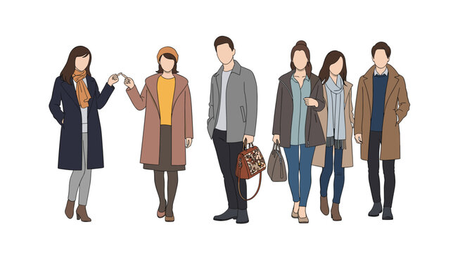 Group of stylish young adults dressed in warm winter coats and scarves stands together on a clean white background.
