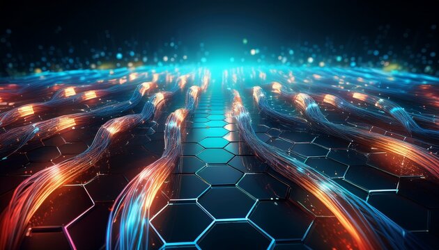 abstract technology background with glowing data cables over hex grid artificial intelligence network infrastructure and high speed communication