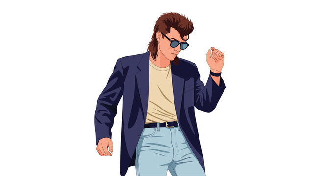 Man with a mullet hairstyle poses in classic eighties fashion including a blue blazer, cream shirt, and light jeans.