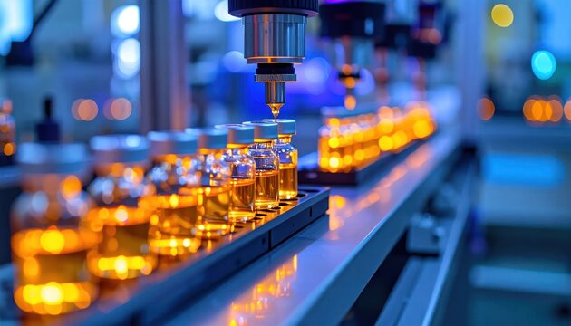 Close up of automated liquid filling into medical vials.
