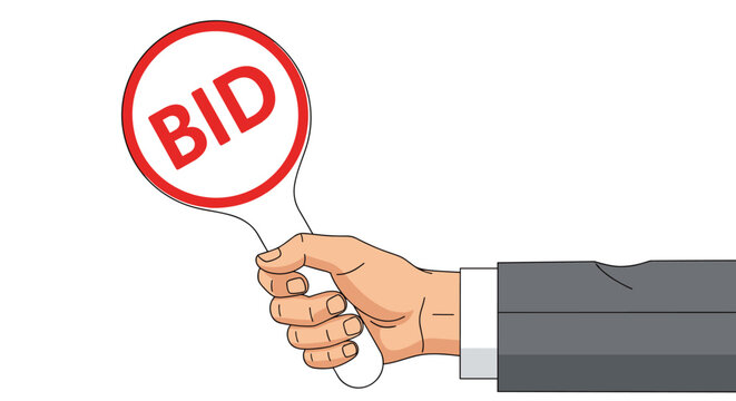 Professional hand in a grey suit holds up a white bidding paddle with the word bid written in bold red letters.