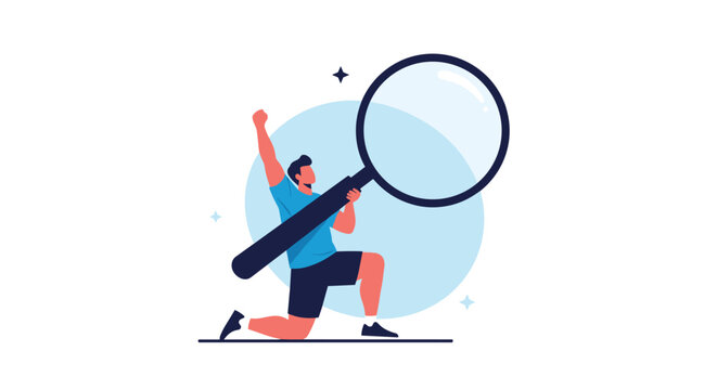 Enthusiastic man kneels on the floor while holding a giant magnifying glass to symbolize a thorough search or investigation.