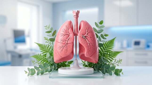 A detailed model of human lungs with trachea sits on a table surrounded by green leaves in a modern medical office.