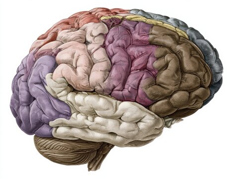 Detailed illustration shows the human brain with a cutaway view highlighting four major lobes using distinct colors for educational insight.