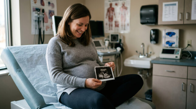 Pregnant woman holding ultrasound scan in doctor office. Happy future mother looking at baby sonogram results. Medical checkup during pregnancy, healthcare and prenatal care concept.