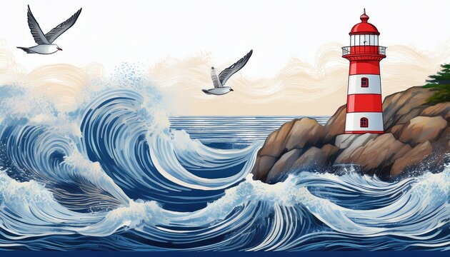 seamless horizontal marine border with a red and white lighthouse on rock seagull on stone and stylized sea waves suitable for banners packaging textile prints and coastal designs
