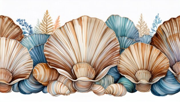 seashell watercolor seamless border with marine shells in natural brown and blue tones horizontal repeat design suitable for textile wallpaper packaging and coastal branding