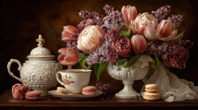 Ornate porcelain serving ware complements a lush bouquet of pastel flowers and delicate pastries set upon a dark wooden surface.