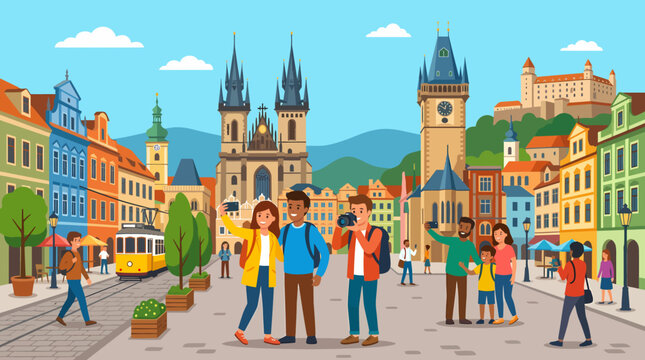 Diverse group of tourists exploring a vibrant European city square.