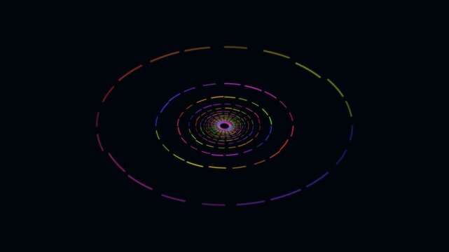Neon rainbow dashed circles forming a virtual portal on black