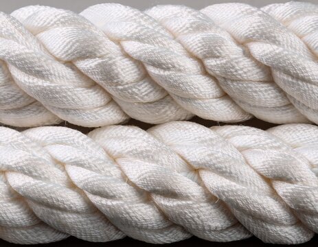 two parallel thick white cotton ropes lying horizontally showing clear braided texture and varying diameter sizesn