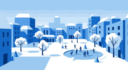 Winter City Square with People and Snow-Covered Trees - Flat Design © Maryati