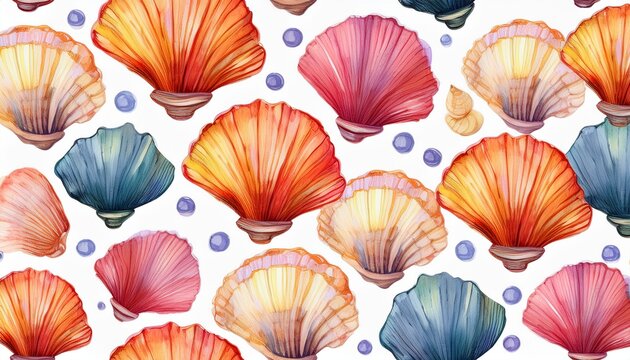 watercolor seashell scallop seamless pattern on white background repeating marine design with natural texture suitable for fabric packaging branding stationery wallpaper