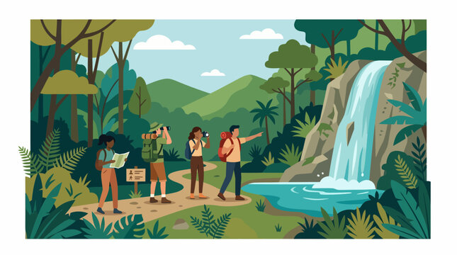 Group of diverse friends exploring a lush jungle with a beautiful waterfall.