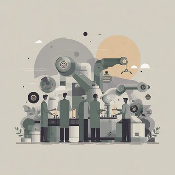 Robotic arms and factory workers collaborating on an automated assembly line in a muted editorial illustration