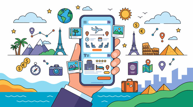 Hand holding smartphone with travel booking app interface.