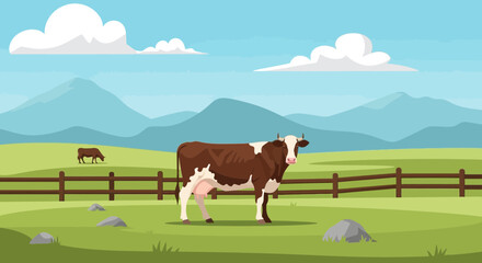 Brown and white cow grazing in a green pasture with mountains and fence in background © Maryati