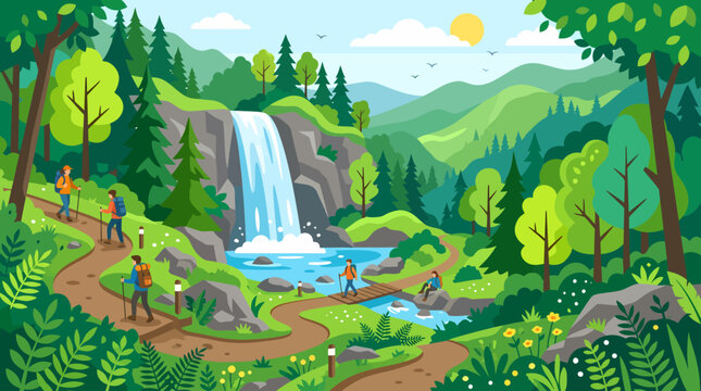People hiking and exploring a beautiful natural landscape with a waterfall.