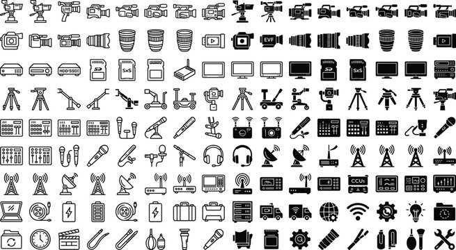 Television Broadcast and Audio Production Icon Mega Collection with Cameras, Microphones, Satellite Dishes, Antennas, and Media Tools for Studio Branding Layouts