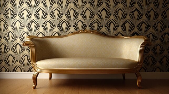 Ornate gold sofa rests against a dramatically patterned wall with wooden flooring