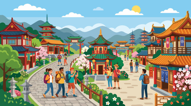 Tourists exploring a vibrant Japanese town with traditional architecture and cherry blossoms.