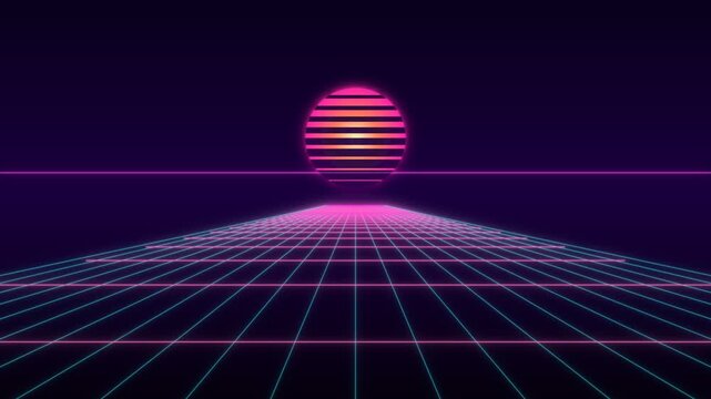 Retro synthwave grid landscape with a glowing neon sun