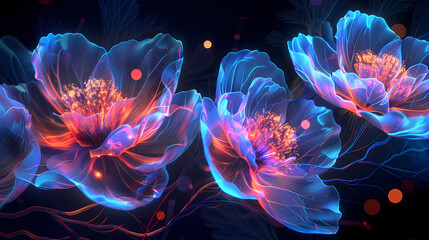 Obraz premium Bioluminescent flower blooming with beautifully transparent petals radiating natural bioluminescence, bokeh light particles surround flower enhancing bioluminescent atmosphere.