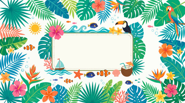 Tropical summer frame with exotic leaves and animals.