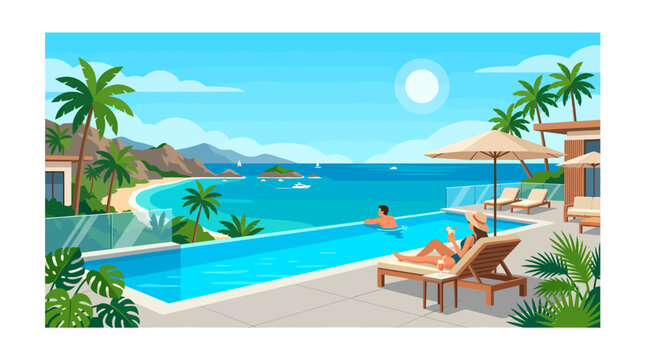 Two women relaxing by an infinity pool with a stunning ocean view.