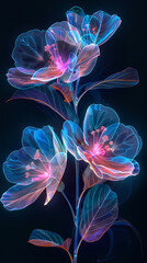 Fototapeta premium Bioluminescent flower featuring see-through petals that radiate beautiful bioluminescent glow, bokeh light particles surround flower enhancing bioluminescent atmosphere.