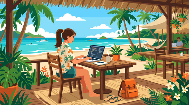 Woman working remotely on laptop at a tropical beachside cafe.