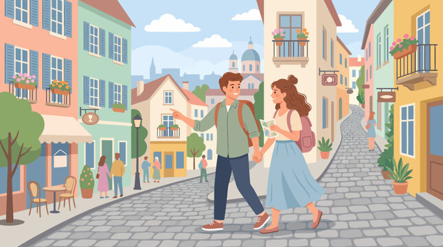 Young couple exploring a charming European town hand in hand.