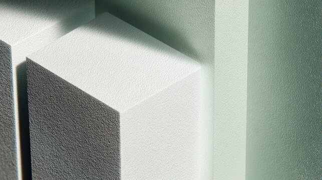 Sculptural geometric forms create dramatic shadows and subtle color shifts in a textured environment