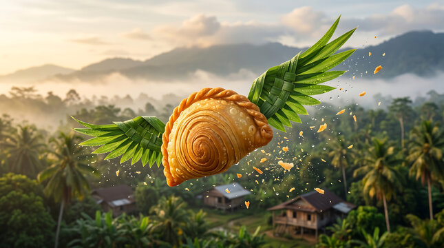 Funny Surreal Art: Flying Karipap with Pandan Leaf Wings No Face