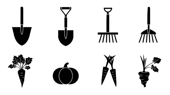 Collection of black silhouette icons representing gardening tools and fresh root vegetables