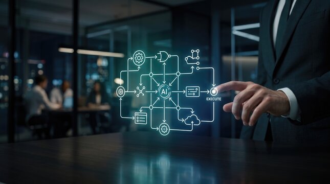 Businessman Executing AI-Powered Automation Workflow Diagram in Corporate Office Artificial Intelligence Process Integration, Smart Business Automation and Digital Operations Management Concept