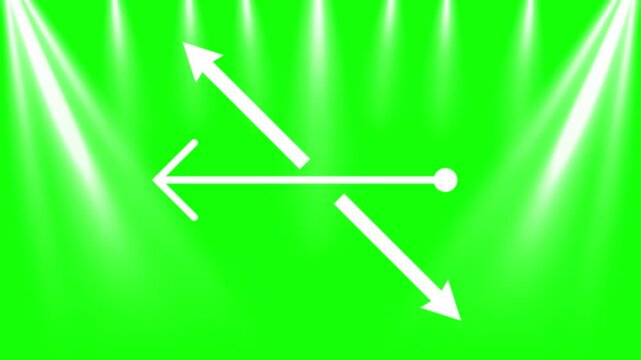Arrows diverging in multiple directions are positioned beneath bright white spotlights against a green screen background to emphasize decision making processes or strategic planning in business tasks.
