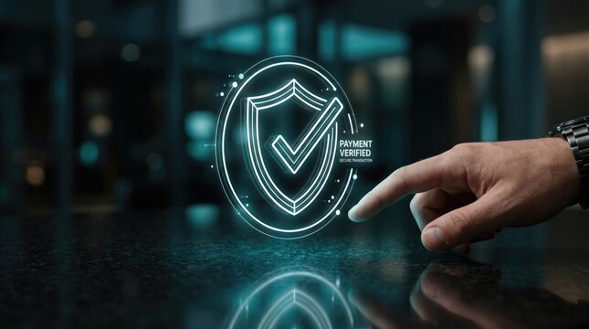 Hand Pointing at Holographic Payment Verified Secure Shield Icon Fintech Transaction Security, Cybersecurity Authentication and Digital Payment Protection Concept