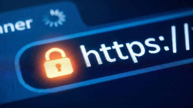 Secure https connection with glowing padlock icon in browser address bar, concept of internet security, cybersecurity, and data encryption
