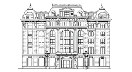 Obraz premium Classic luxury hotel building facade vector line art illustration