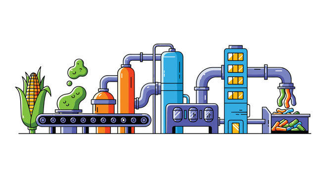 An industrial factory schematic depicts corn being processed through complex orange and blue pipe systems into a tall manufacturing tower against a plain white background.