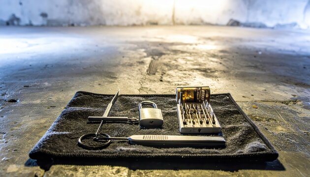 Lock Picking Tools and Padlock Arranged Neatly on Dark Cloth, Ready for Security Access